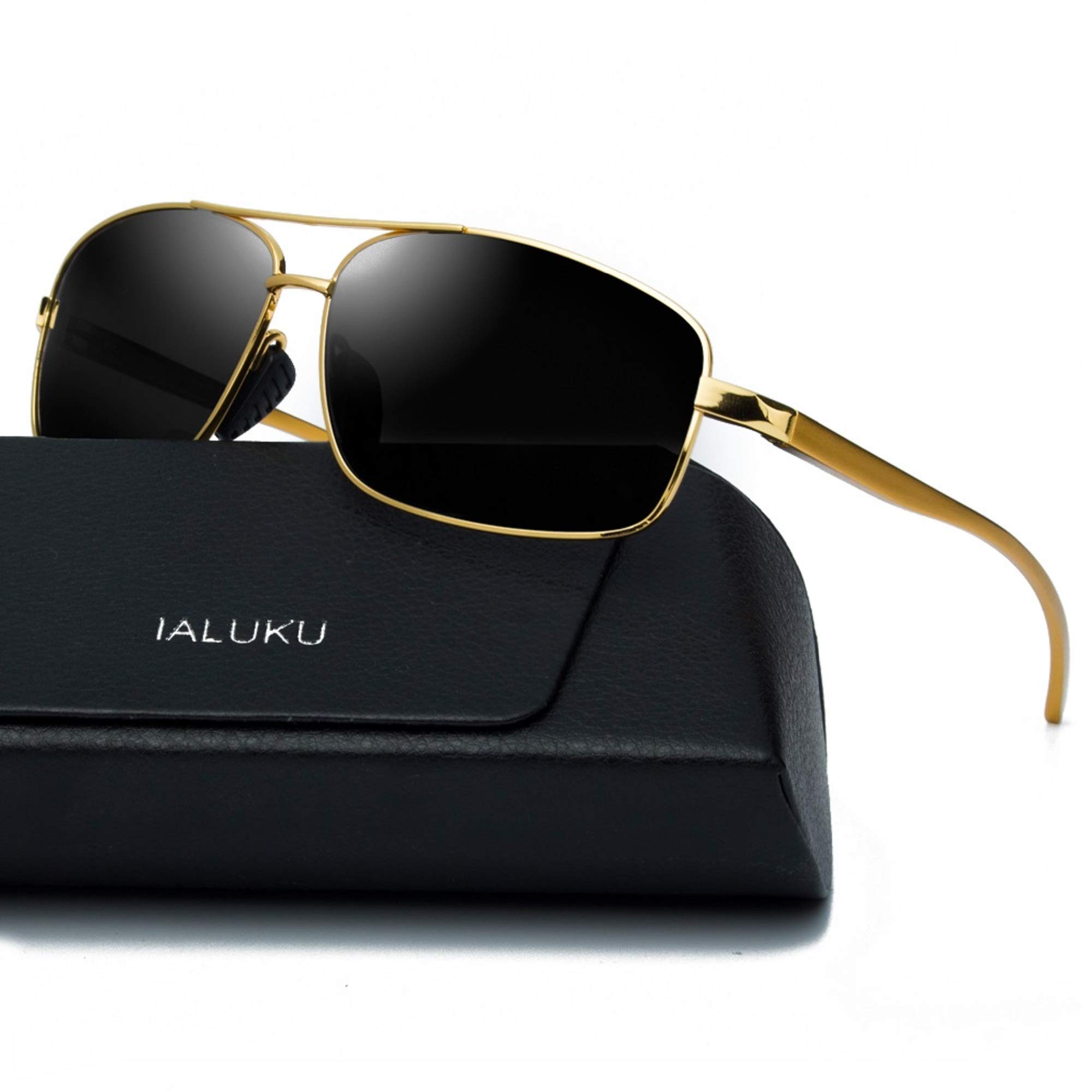 IALUKU Rectangular Polarized Sunglasses for Men Square Retro Aviator Sunglasses (Gold / Grey, 60)