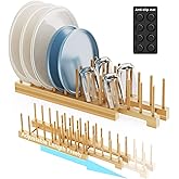 Bamboo Dish Rack - Expandable Plate Rack & Dish Drying Rack for Kitchen Cabinet Storage, Adjustable Multi-Functional Design O