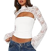 Women Y2K Sexy Outfit for Going Out Sheer Mesh Lace Shrug and Strapless Crop Top