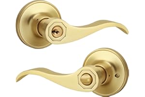 Gaurqiah Wave Style Entry Door Handle with Keys, Keyed Door Lever with Lock for Front/Entrance in Satin Brass Finish, Reversible Door Lever for Left/Right Doors