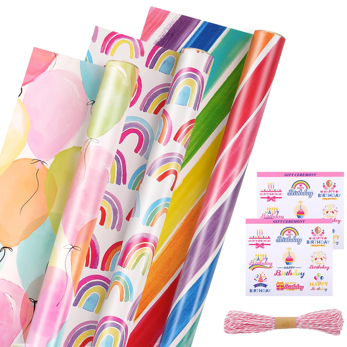 Pink Wrapping Paper Roll - 3 Rolls 43cm x3m, Colorful Birthday Wrapping Paper Rolls Set for Girls Women, Rainbow Gift Wrap Paper with Stickers and Rope for Birthday Wedding Baby Shower All Occasions