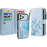 Lacass for iPhone 17 Pro Case Wallet,Compatible with MagSafe 2 in 1 Magnetic Detachable PU Leather RFID Blocking Wallet Cover Card Holder Zipper Wrist Strap Lanyard,Floral Sky Blue