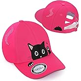 Girls Criss Cross Ponytail Hat - Black Cat Baseball Cap for Kids Age 7-15 - Adjustable Quick Dry Sun Hat for Cat Lover Gifts