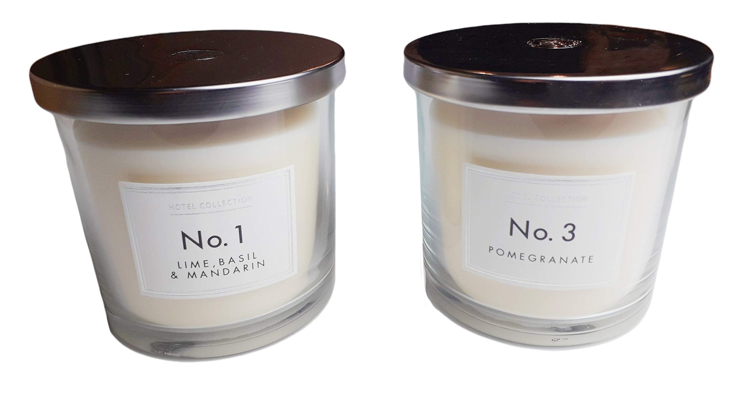 Set of 2 Hotel Collection 2 Wick Candles - 1 x Aldi No.1 Lime, Basil & Mandarin + 1 x No. 3 Pomegranate