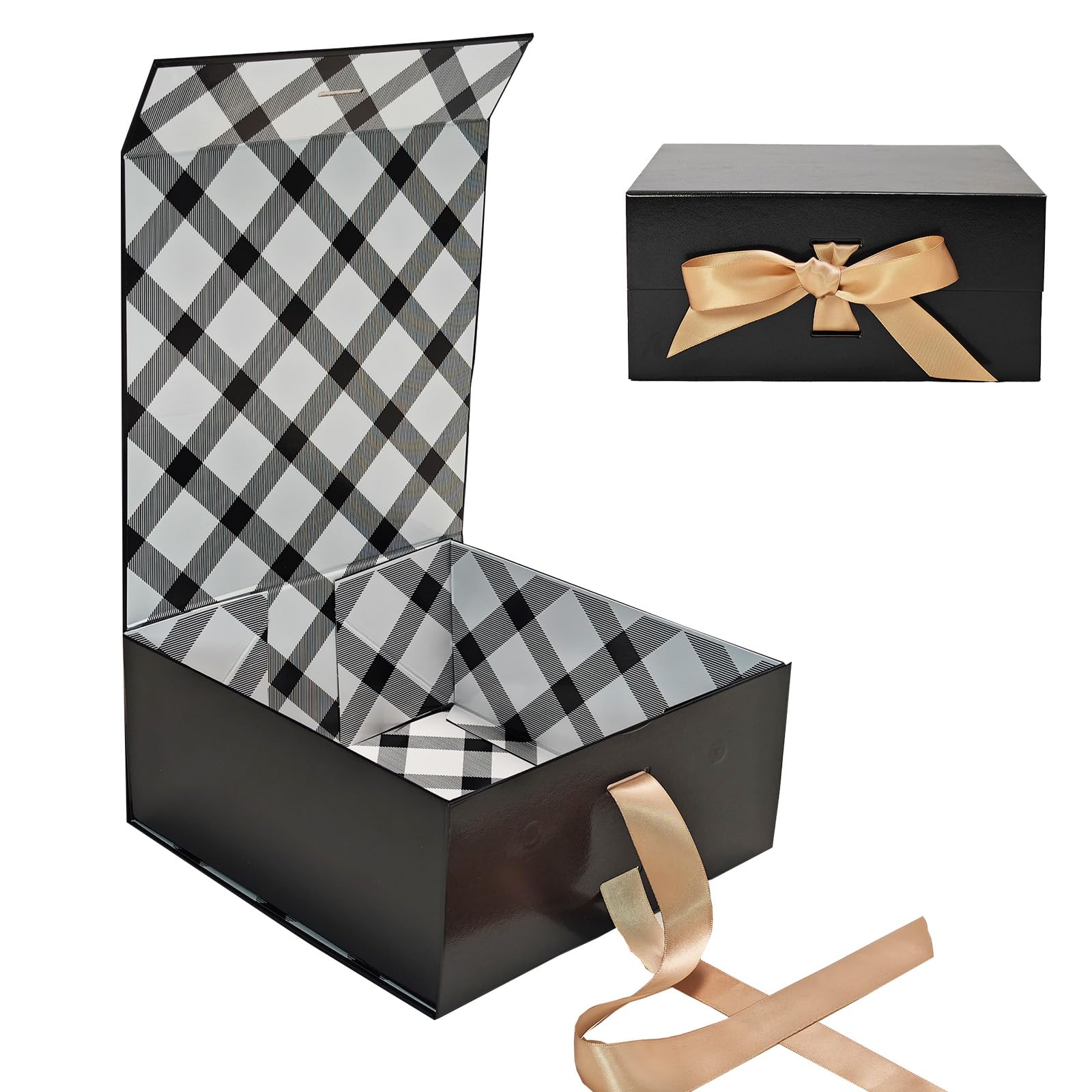 Tekhoho Black Gift Box 22x22x10cm, Premium Present Box with Magnetic Lid and Ribbon for Holidays Wedding Birthday Gift Packaging, Plaid Lining