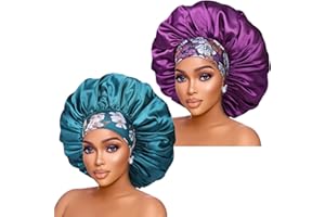 ISSHIN BEAUTY Silk Satin Bonnet Hair Cap: 2pcs 17inch Diameter Extra Large Jumbo Sleeping Satin Bonnets with Comfortable Flower Band - High Density Bonnets for Women Braids Curly Night Cap (Purple & Teal)
