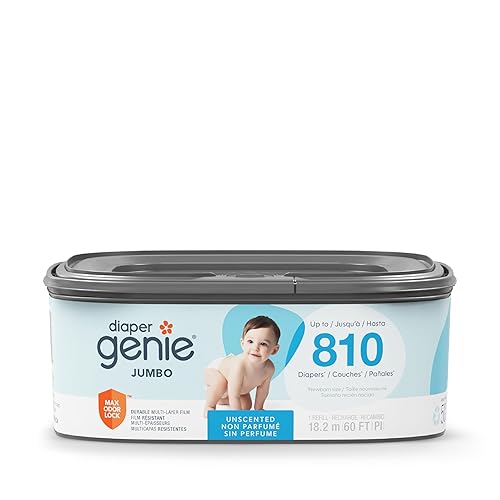 Diaper Genie Jumbo Square Refill, with Continuous Film, can Hold up to 810 Newborn-Sized Diapers per Refill.
