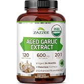 Zazzee USDA Organic Aged Garlic 20:1 Extract, Aged 24 Months, Odorless | 120 Vegan Capsules, 4 Month Supply, Allium Sativum, Immune &amp; Circulation Support, All-Natural, Made in the USA