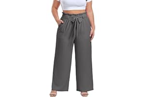 OLRIK Women's Casual Plus Size Pants High Waisted Self-tie Belted Lounge Pants Straight Long Trousers with Pockets