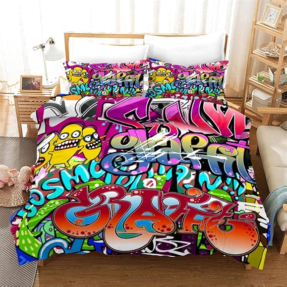 Housse De Couette Hippie Graffiti 240 X 260 Cm – Motif Hip Hop Coloré – Microfibre Douce – 2 Taies D'oreiller – Fermeture éclair - 9