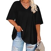 rosemia Plus Size Tops for Women Oversized Casual Tops V Neck Short Sleeves Basic Tees