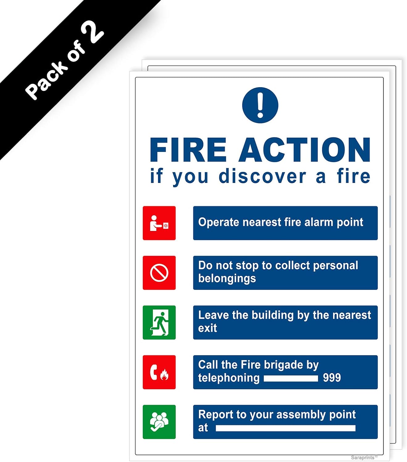 Pack of 2 Fire Action Sign stickers Fire Sign Waterproof Self Adhesive (150 x 200 mm) Fire Safety Signs, 200 x 300 mm - Image 3
