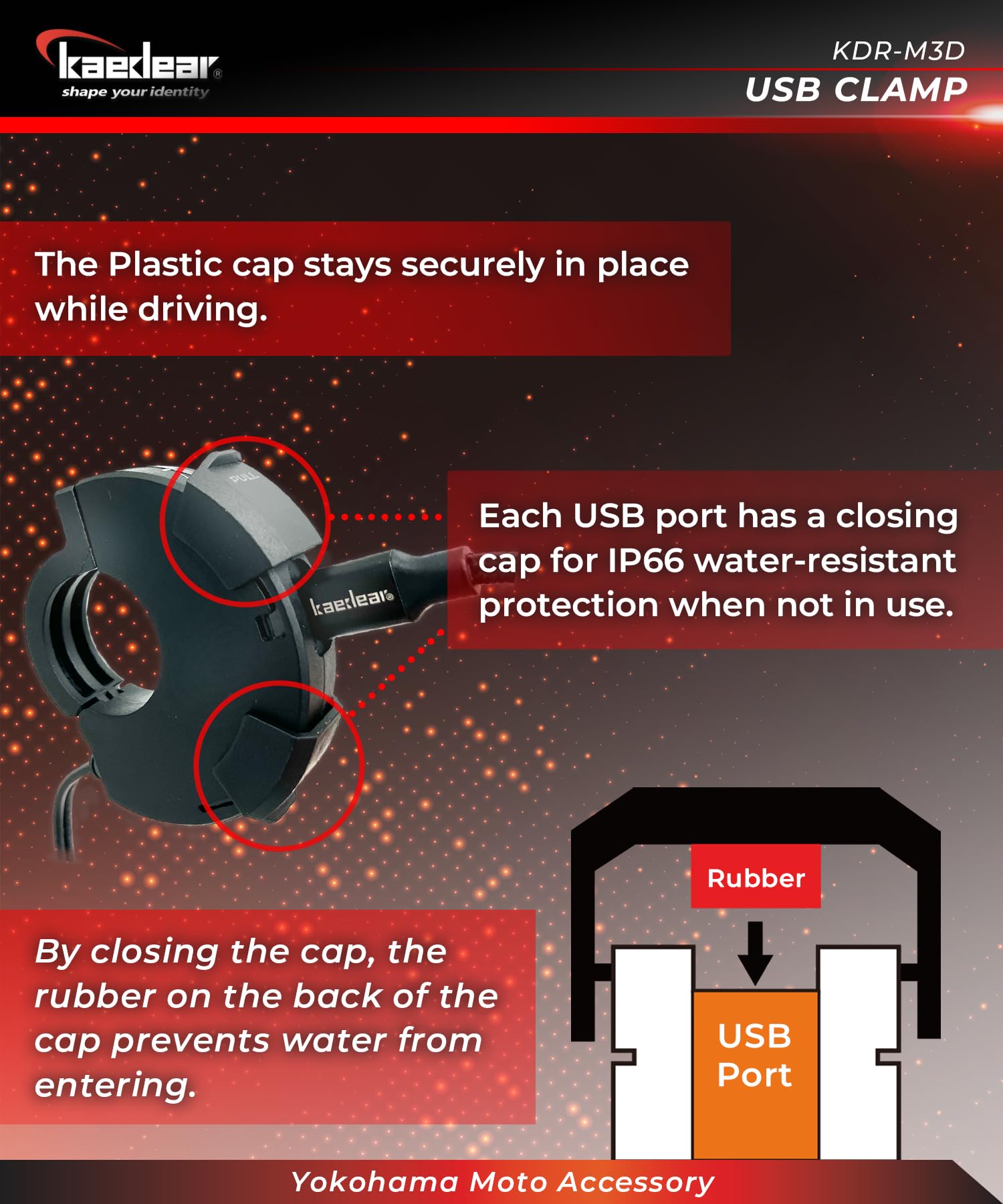Motorcycle USB Clamp, Water Resistant, Fast-Charging, Type A, Type C, PD(30W)+QC3.0(18W), SAE DC 12V, KDR-M3D