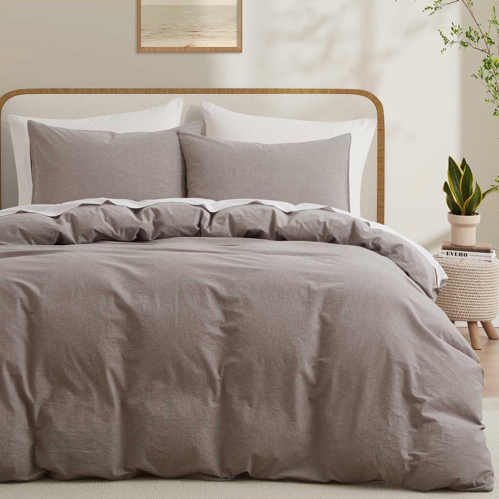 Photo 1 of 100% Cotton Duvet Cover Queen Size, Mauve Brown Linen-Like Natural Bedding Set with Zipper Closure (No Comforter), Queen Size, Duvet Cover (90"x90") x 1, Pillowsham(20"x26") x 2
