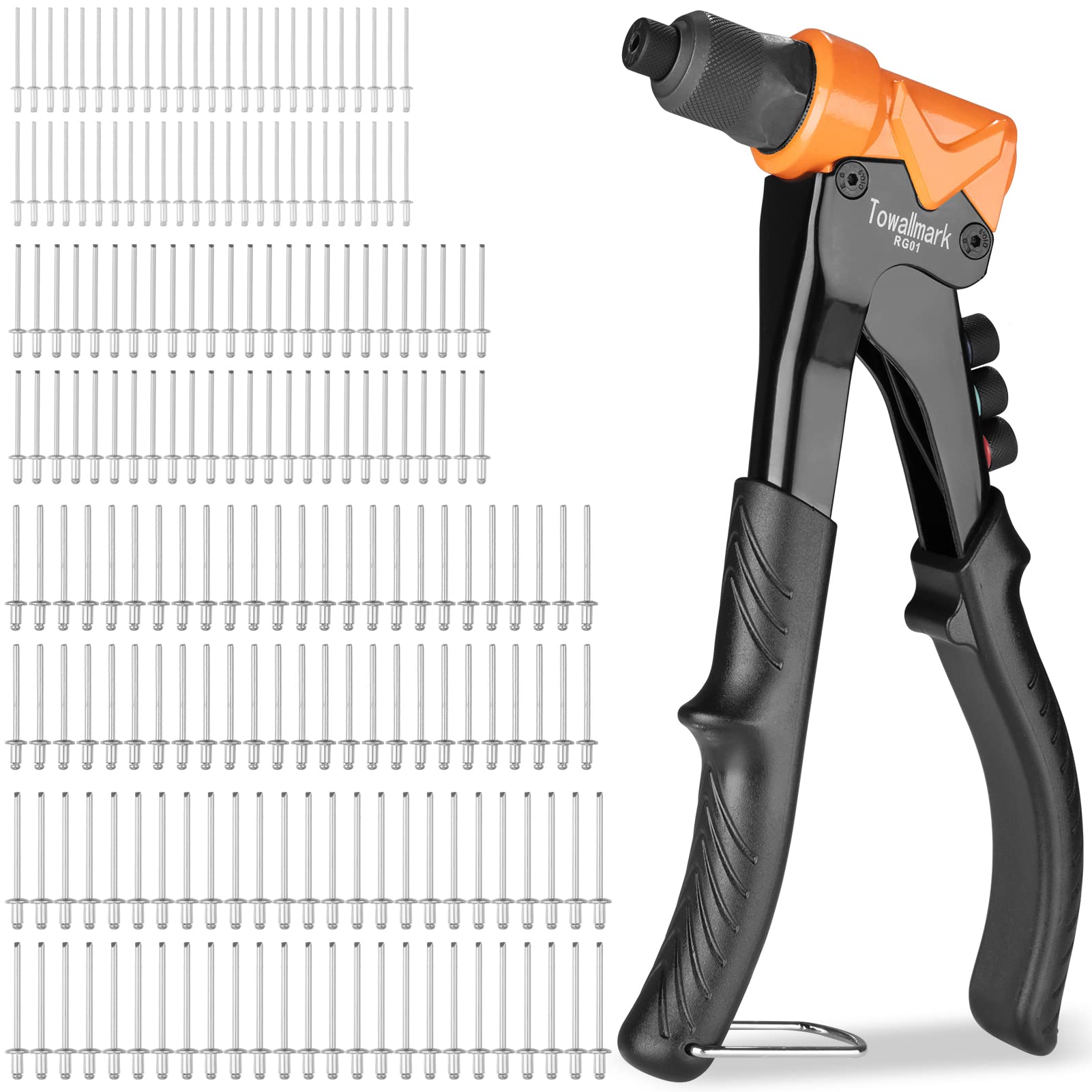 Rivet Gun, Towallmark Pop Rivet Gun Kit with 200pcs Rivets, 4-in-1 Heavy Duty River Gun Tool/Rivet Gun Kit, 3/32 inch, 1/8 inch, 5/32 inch, 3/16 inch 4 Replaceable Nozzle for Metal, Plastic, Leather