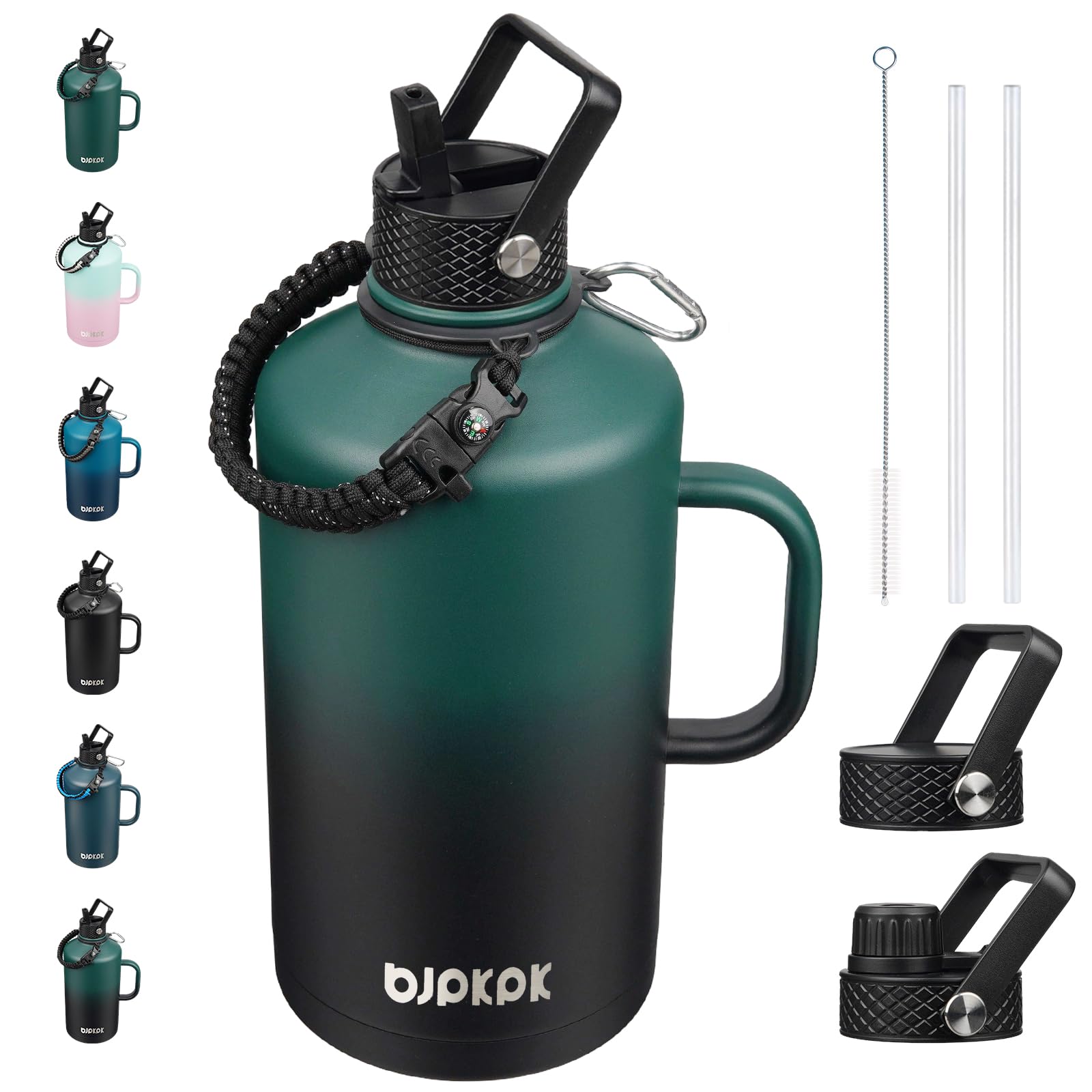 BJPKPK 1 Gallon Water Bottle Insulated with Straw Lid, 128oz Large, Stainless Steel Water Bottles with 3 Lids and Paracord Strap,Double Wall Vacuum Metal Water Jug,Army Green&Black Image