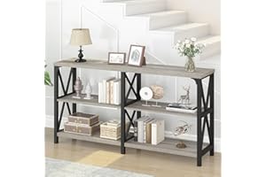 IBF Long Entryway Console Table, Industrial Metal Wood Entry Table with Storage Shelves, Modern Rustic 3 Tier Sofa Table for Entry Way Hallway Behind Couch Living Room Bedroom, Light Grey Oak, 63 Inch