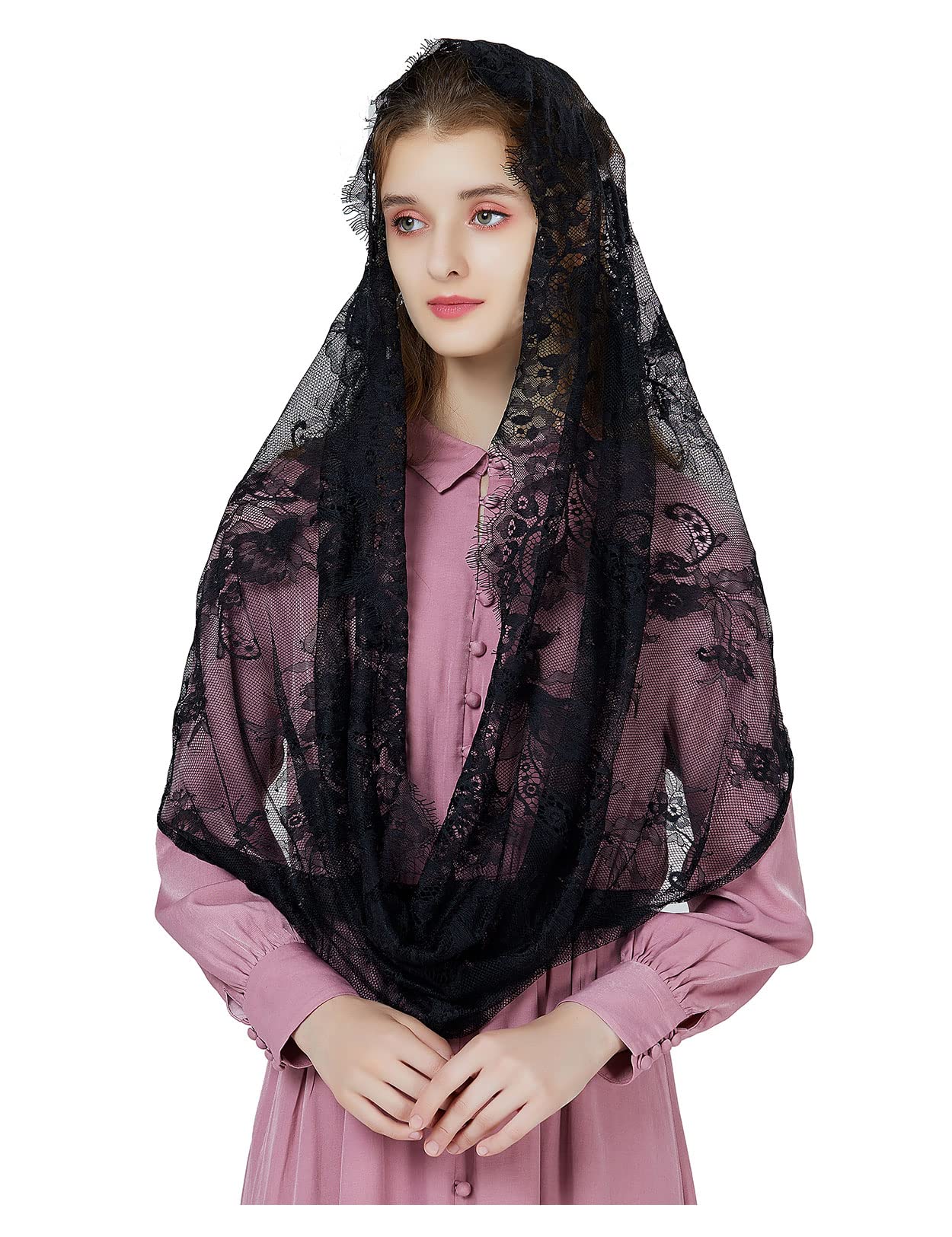 Infinity Chapel Veil Catholic Church Mantilla Eyelash Lace Embroidered Black Elegant Head Cover V101