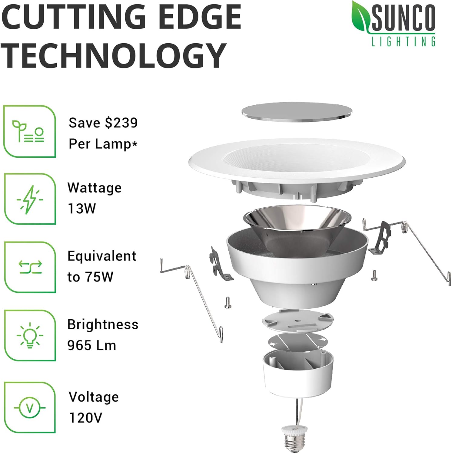 Sunco Lighting 4 Pack 5/6 Inch LED Recessed Downlight, Baffle Trim, Dimmable, 13W=75W, 3000K Warm White, 965 LM, Damp Rated, Simple Retrofit Installation - UL + Energy Star - - 