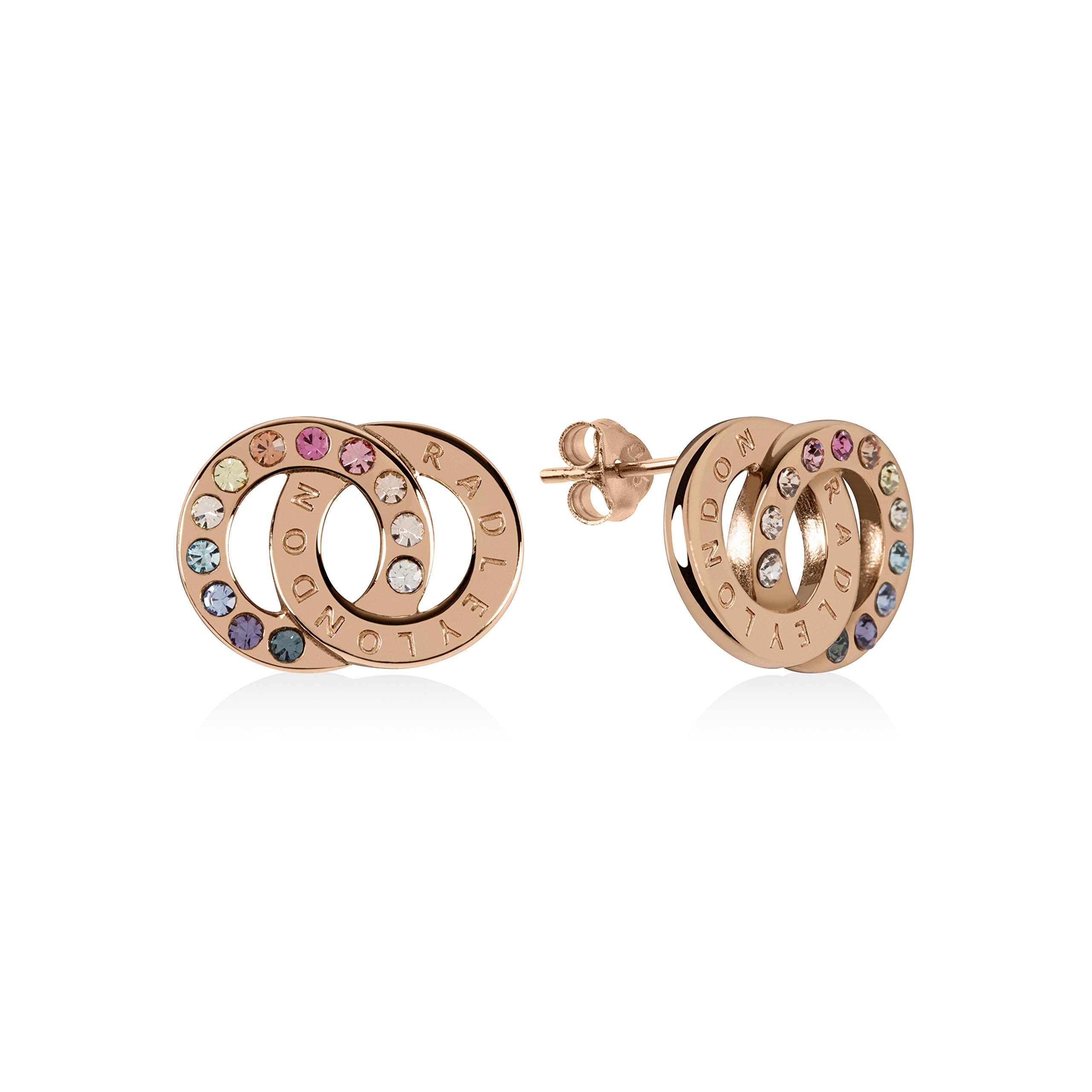 Radley Signature Ladies 18ct Rose Gold Plated Sterling Silver Double Disc Engraved Hoops Earrings RYJ1146
