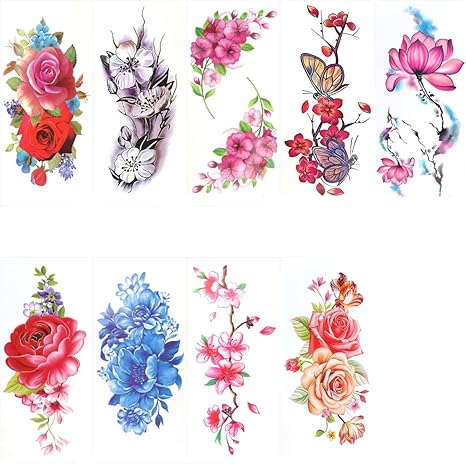 Rosenice Tatouages Temporaires 9 Belle Fleurs Tatouage Avec Le Corps Rose Pivoine Papillon Lotus Fleurs De Cerisier Corps Autocollants Pour Les Femmes