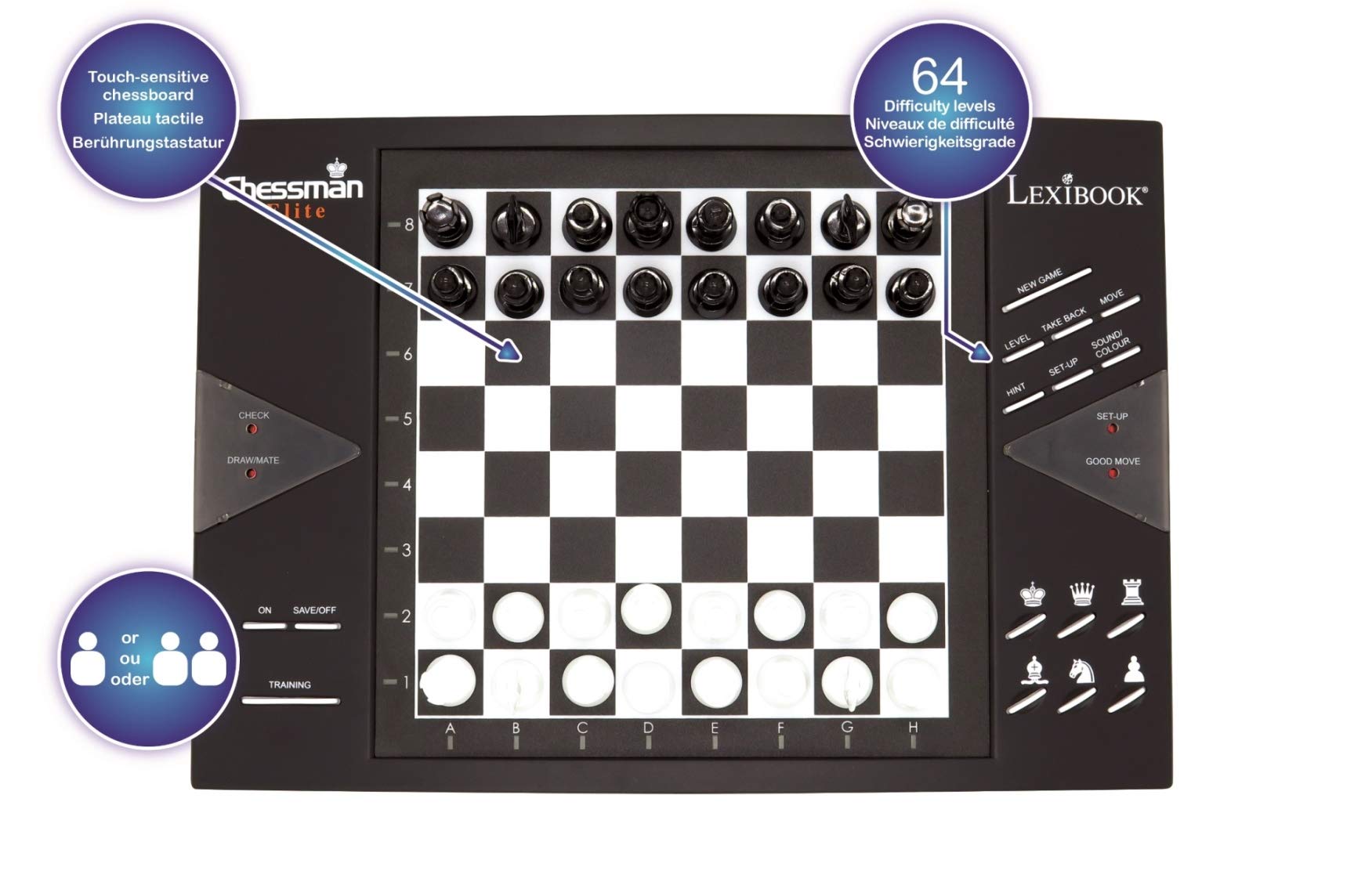 LEXiBOOK Chessman® Elite, Interactive Electronic Chess Game +, 64 Levels of Difficulty, LEDs, Family Child Board Game, Black/White, CG1300