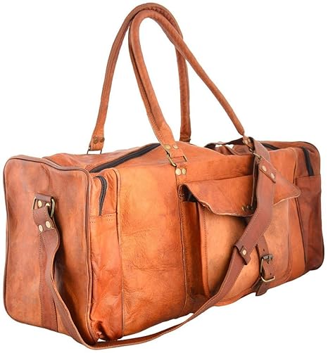 CRAFAT 24 100% Pure Leather Unisex Travel Brown Casual Duffle/Gym Bag (Brown Style 1, 24 Inches)