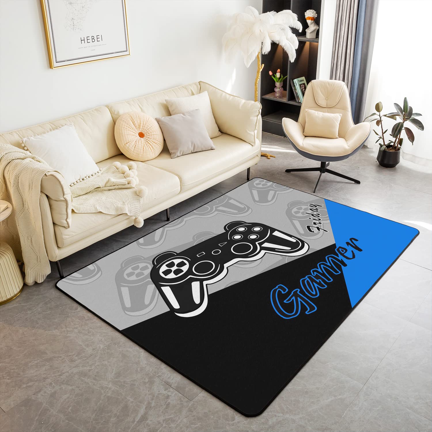 Loussiesd Gamer Area Rug Gaming Rugs For Living Room Bedroom Game Room Decor Gamepad Blue and Black Accent Rug 150 * 200cm