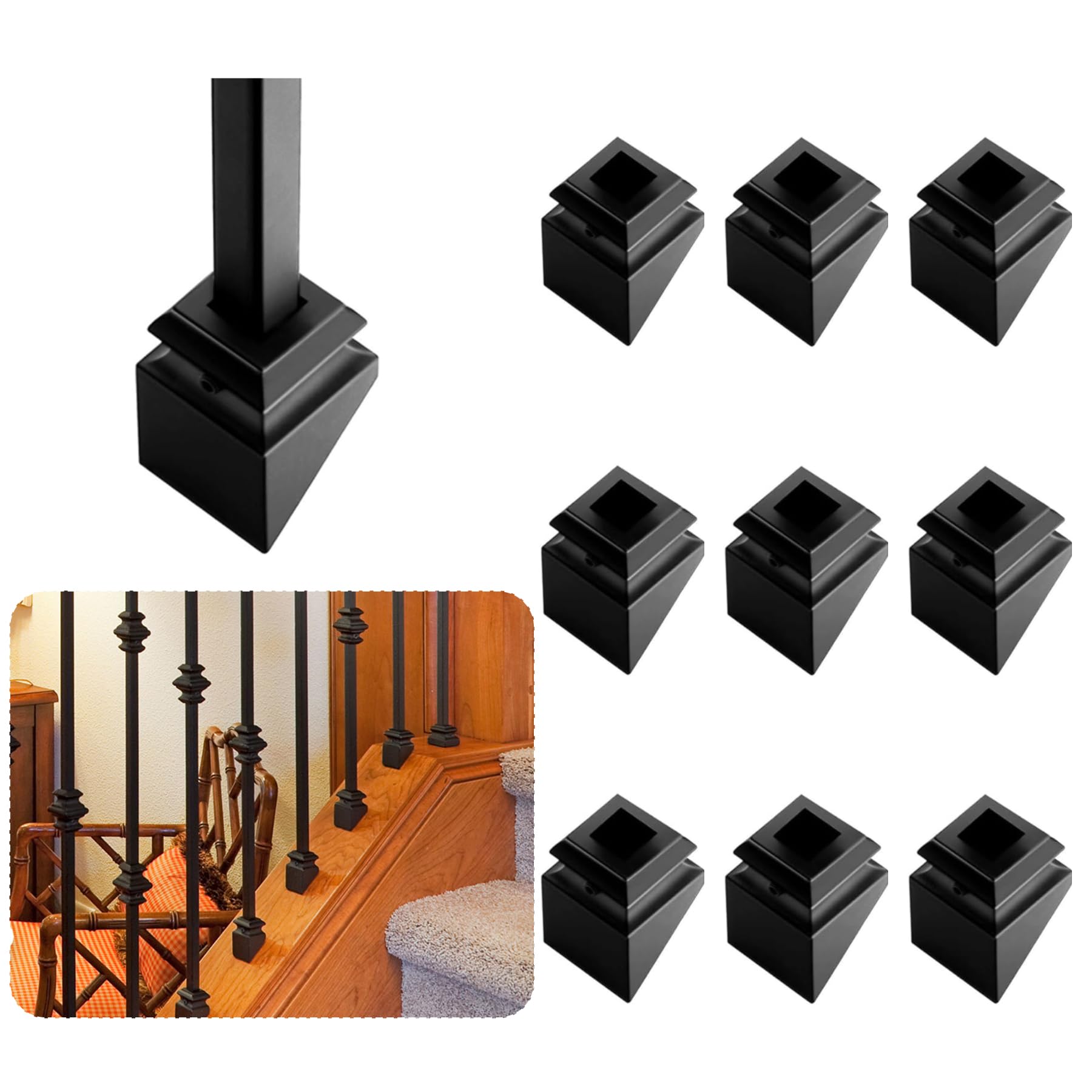 Photo 1 of 10-Pack 40-Degree Aluminum Baluster Shoes – Slanted Angle Base Covers for 1/2" Square Stair Spindles, Black Stair Railing Accessories (No Connectors Included)