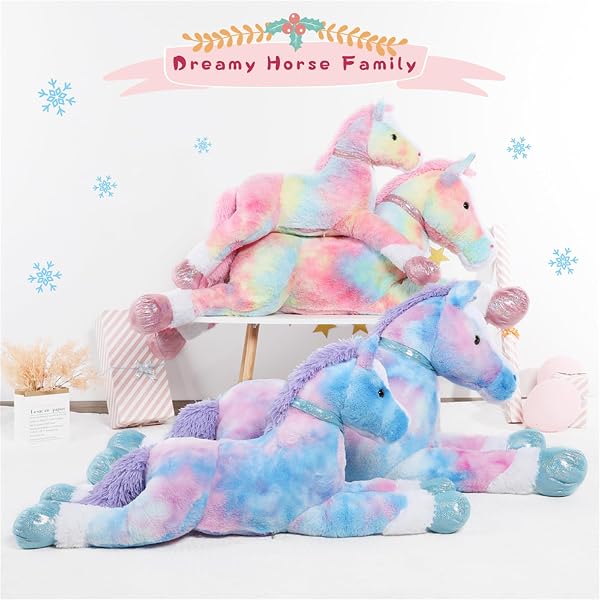 TEZITUOR 47 INCH LARGE HORSE STUFFED ANIMAL TOY, 4FT TIE-DYE PINK HORSE PONY PLUSH TOY, HUGGING SOFT HORSE PLUSH PILLOW FOR KIDS ADULT
