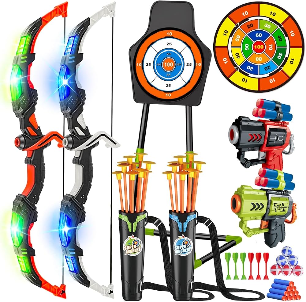 VATOS 2 Pack Archery Set Light Up Bow & Arrow Toy Cup Target 29 in Dart Board