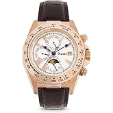 Stauer Speedway Men&rsquo;s Automatic Watch &ndash; 43mm Rose Gold Case with Mother of Pearl Face and Moon Phase Display, Dress Watch with Brown Leather Strap