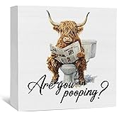 Nitelat Funny Highland Cow Bathroom Sign, Funny Bathroom Decor, Western Highland Cow Reading Newspaper Wood Decoration Bath Room Decor for Washroom Toilet Counter Shelf Table 5x5 Inch