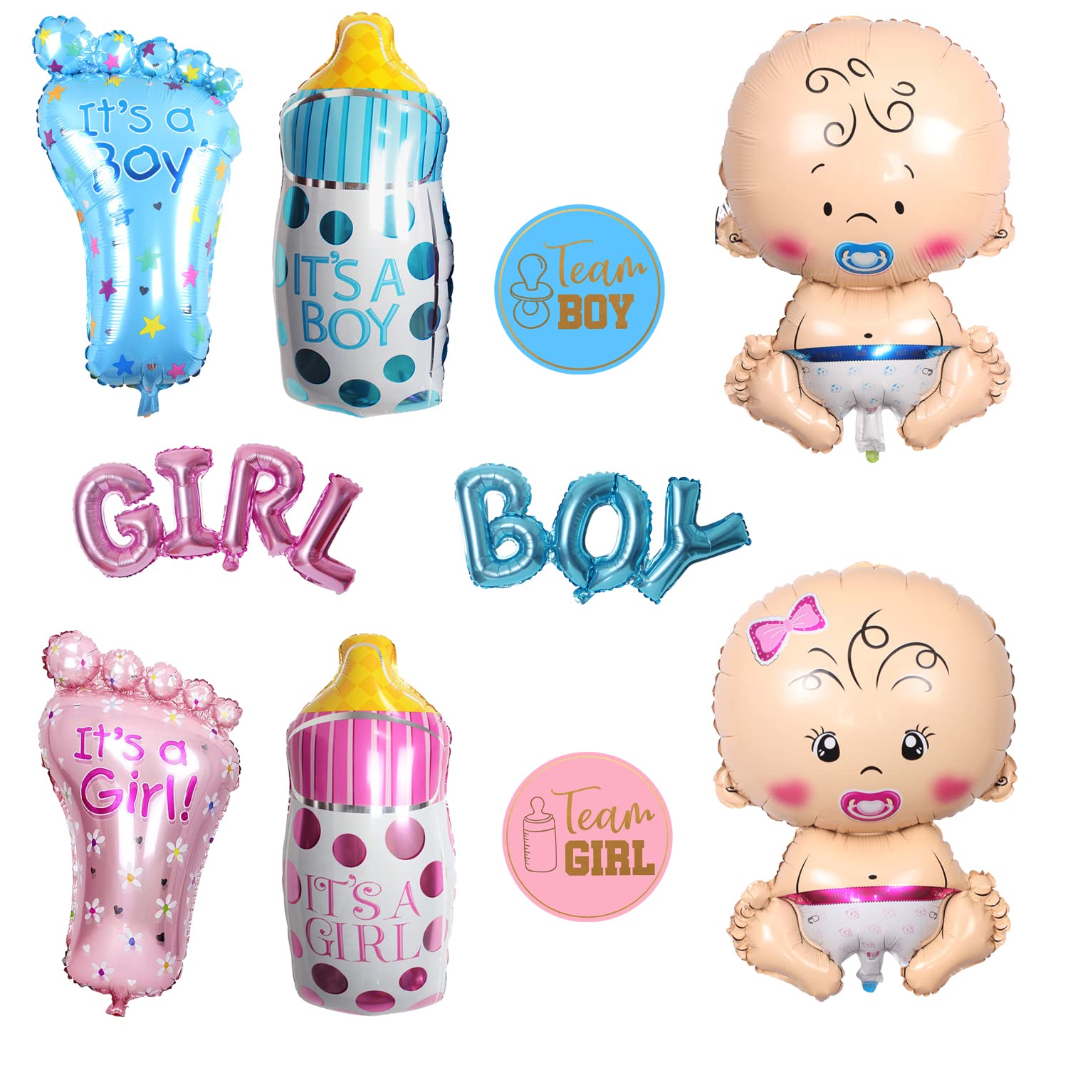 8pcs Aluminum Balloons for Kids and Gender Stickers 4 Pcs Foot Bottle Balloons, Gender Stickers, Girls Boys Gender Reveal Party Balloons