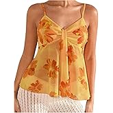 MakeMeChic Women's Floral V Neck Camisole Sleeveless Ruched Spaghetti Strap Tank Ruffle Y2k Tops