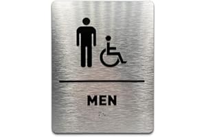 GDS ARCHITECTURAL SIGNAGE SOLUTIONS Men/Wheelchair Bathroom Sign by GDS - ADA Compliant, Wheelchair Accessible, Raised Icons, & Grade 2 Braille - Includes Adhesive Strips for Easy Installation - 6" W x 8" H (Brushed Aluminum)