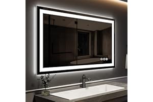 ROOMTEC 48 x 36 Inches LED Bathroom Mirror with Front and Backlit,Anti-Fog,3 Colors and Dimmable Light(Horizontal/Vertical), Silver