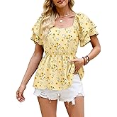 Womens Short Sleeve Boho Babydoll Tops Floral Square Neck Ruffle Peplum Blouse Smocked Vacation Tunic Top Dressy Tee Shirts