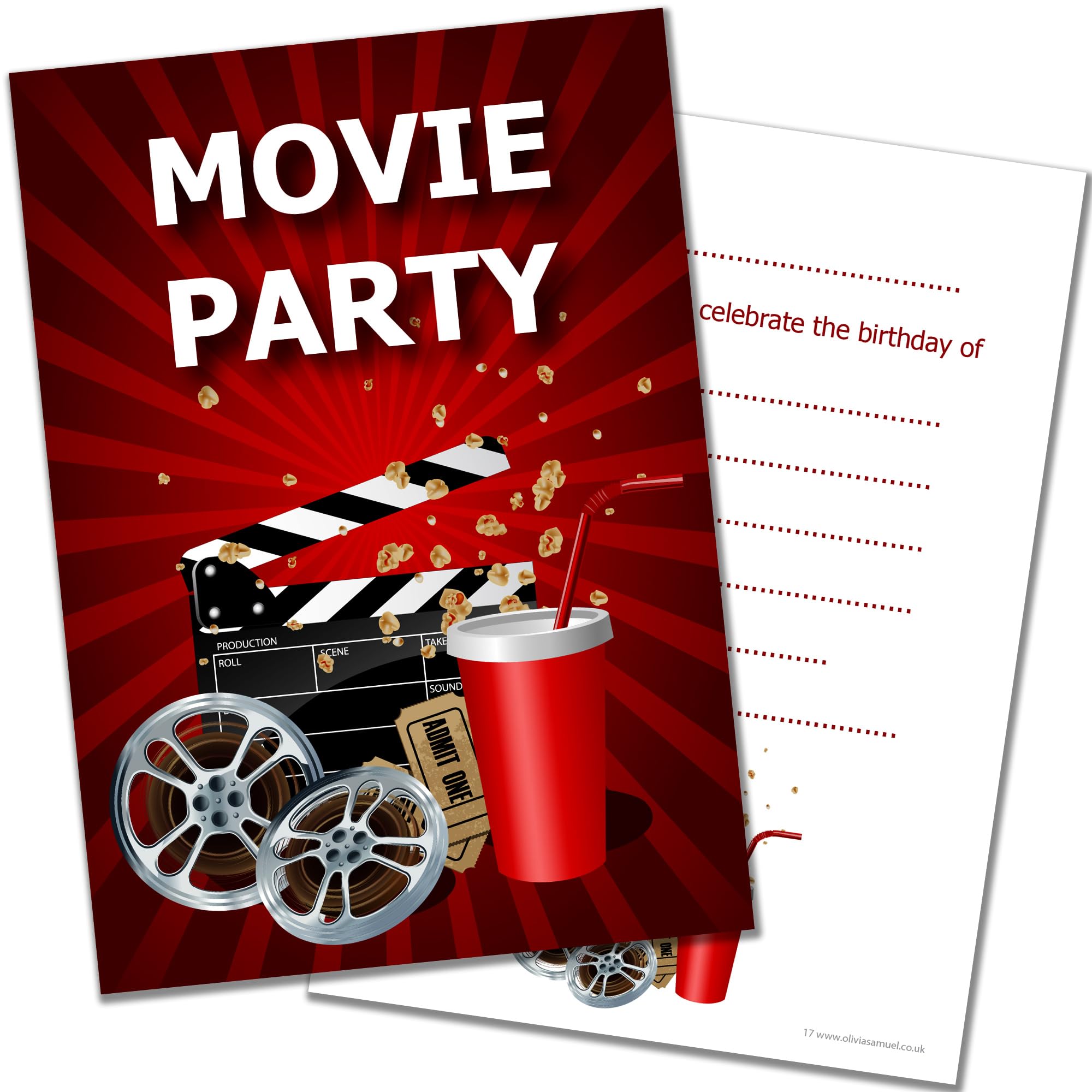 Olivia Samuel 20 x Movie Party Invitations from Kids Cinema Party Invites - A6 Postcard Size with envelopes