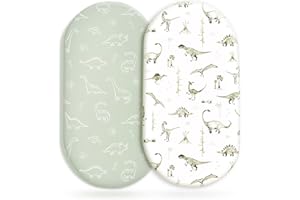 GRSSDER Stretch Ultra Soft Fitted Bassinet Sheet Set 2 Pack, Universal Fit for Bassinets Baby Cradle Moses Basket Oval Rectangle Mattress Safe and Snug, Dinosaur
