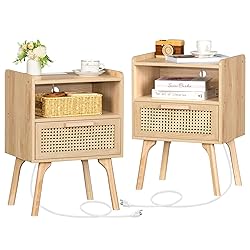 Lerliuo Rattan Nightstands Set of 2 with Charging