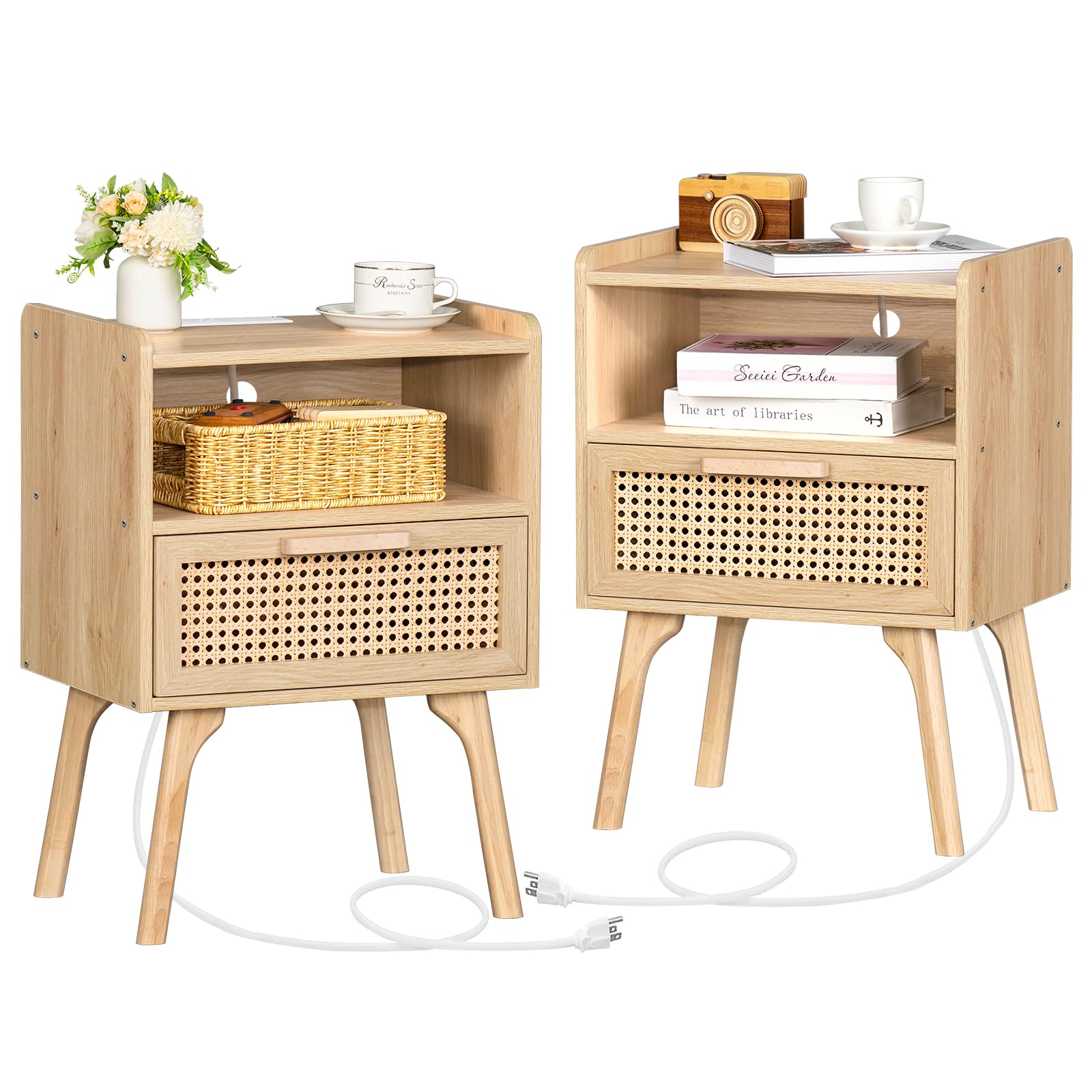 Lerliuo Rattan Nightstands Set of 2 with Charging