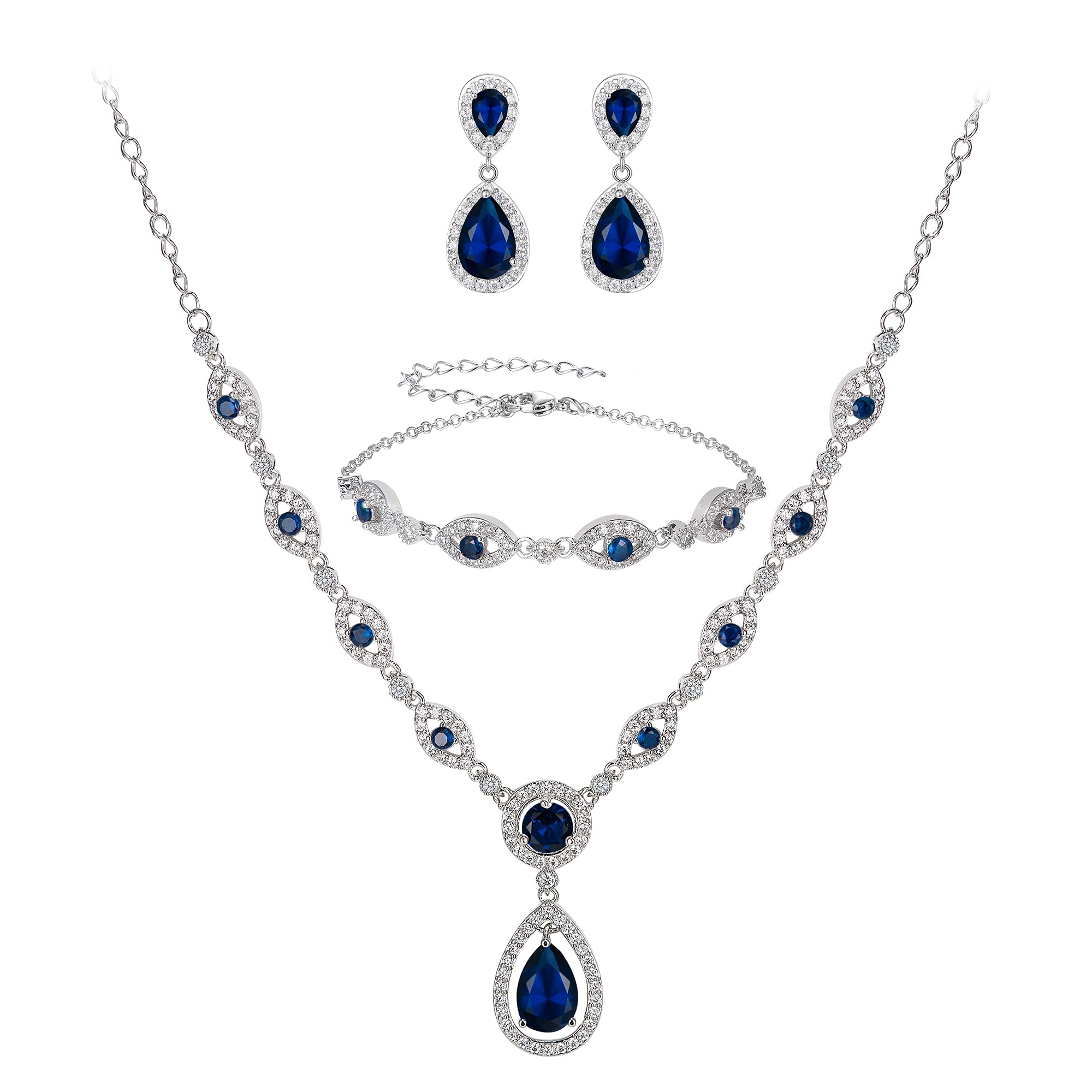 Clearine Women's Wedding Bridal Jewellery Set Cubic Zirconia Teardrop Y-Necklace Chain Bracelet Dangle Earrings Sapphire Color Silver-Tone