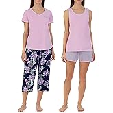 Carole Hochman Women's 4-Piece 100% Cotton Pajama Set – V-Neck T-Shirt, Tank, Capri Pants & Shorts with Drawstring & Pockets