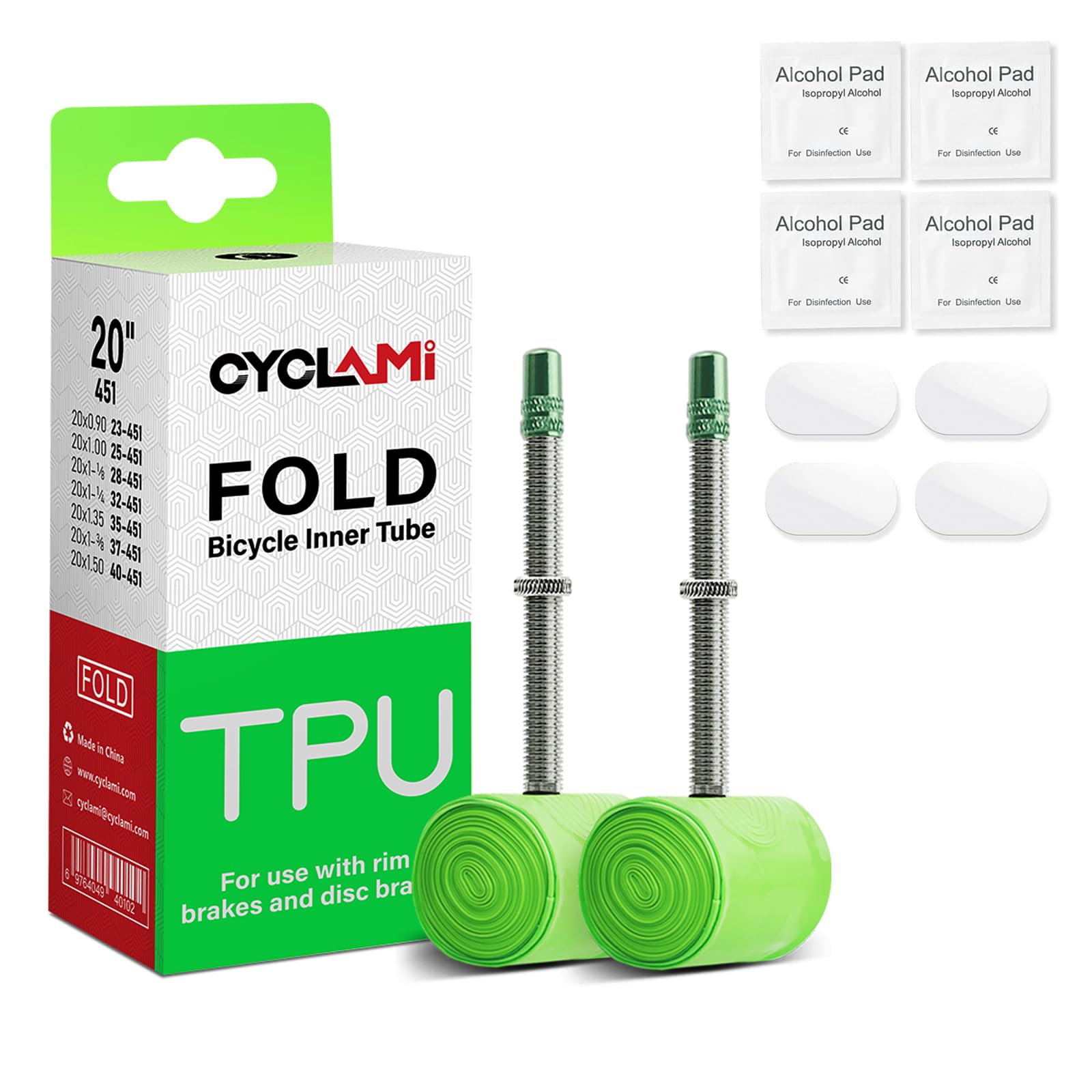 CYCLAMI 30g 2PCS Ultralight Folding Bike Inner Tube TPU Bicycle Tire Compatible with 20" 451 Presta Valve 60mm (Include 4 PCS Bike Inner Tire Patch Repair Kit)