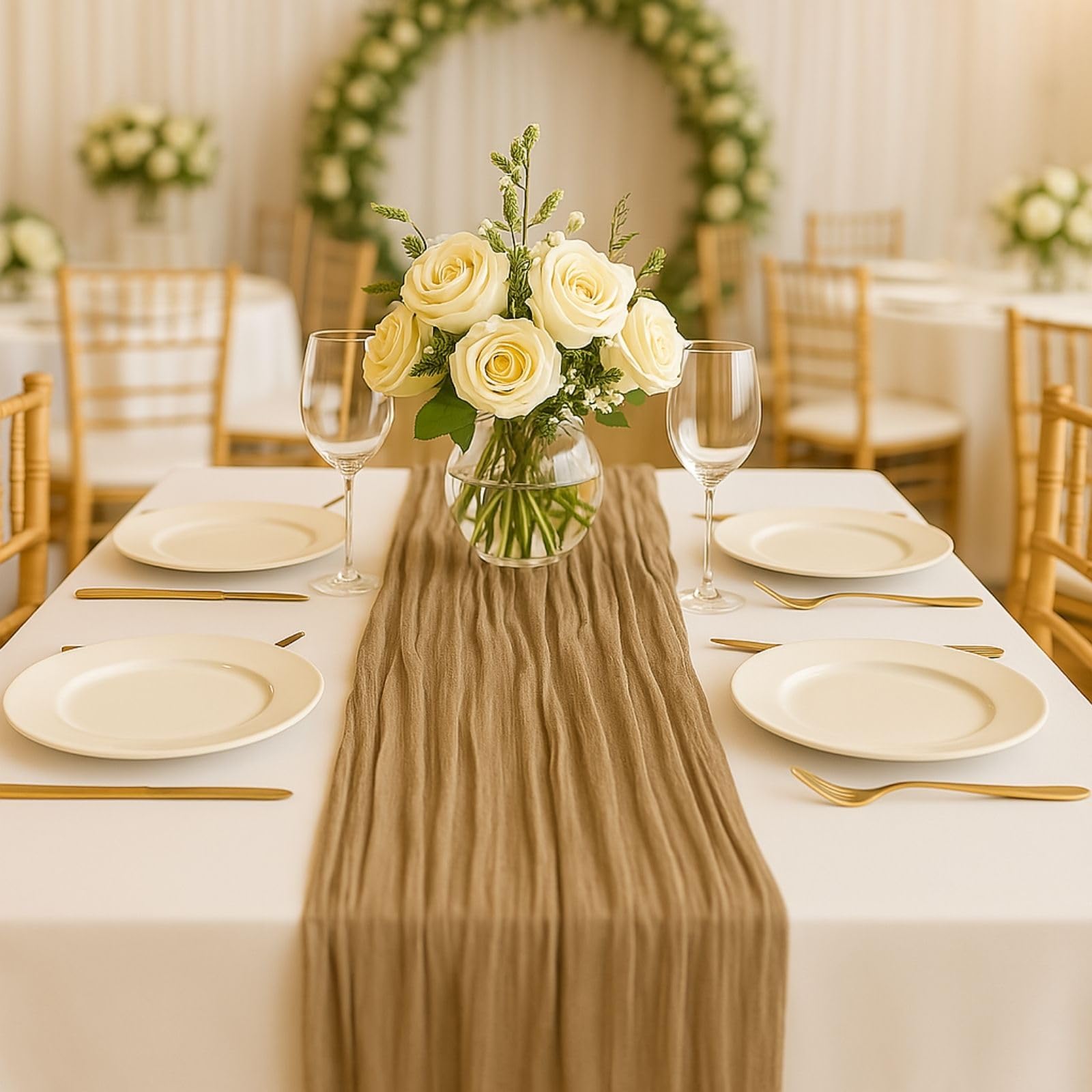 Photo 1 of 10FT Brown Cheesecloth Table Runner 120 Inch Rustic Boho Gauze Cheese Cloth Table Runner for Wedding Baby Shower Bridal Shower Birthday Party Home Decorations