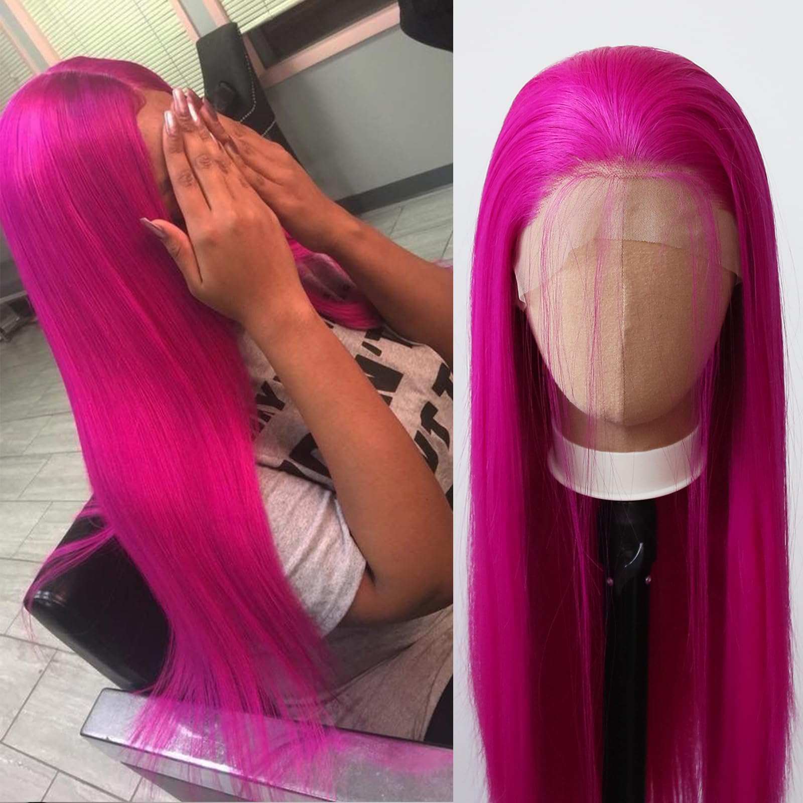 Towarm Long Straight Rose Red Wig Lace Front Synthetic Wigs for Women Hot Pink Synthetic Lace Front Wigs Pre Plucked Natural Hairline with Baby Hair Cosplay Daily Wear Wig (Rose Red)