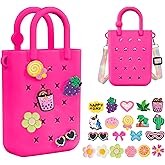 Silicone Small Rubber Beach Bag with 20 Charms, Hole Handbag With Adjustable Shoulder Strap, Girls and Woman