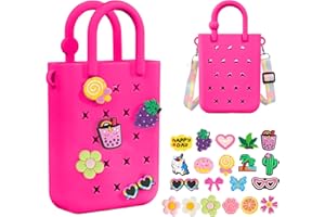 BESTSTONE Silicone Small Rubber Beach Bag with 20 Charms, Hole Handbag With Adjustable Shoulder Strap, Mini Tote Bags for Little Girls