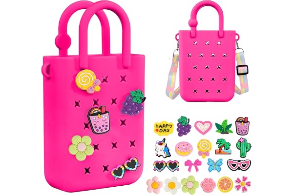 Silicone Small Rubber Beach Bag with 20 Charms, Hole Handbag With Adjustable Shoulder Strap, Girls and Woman